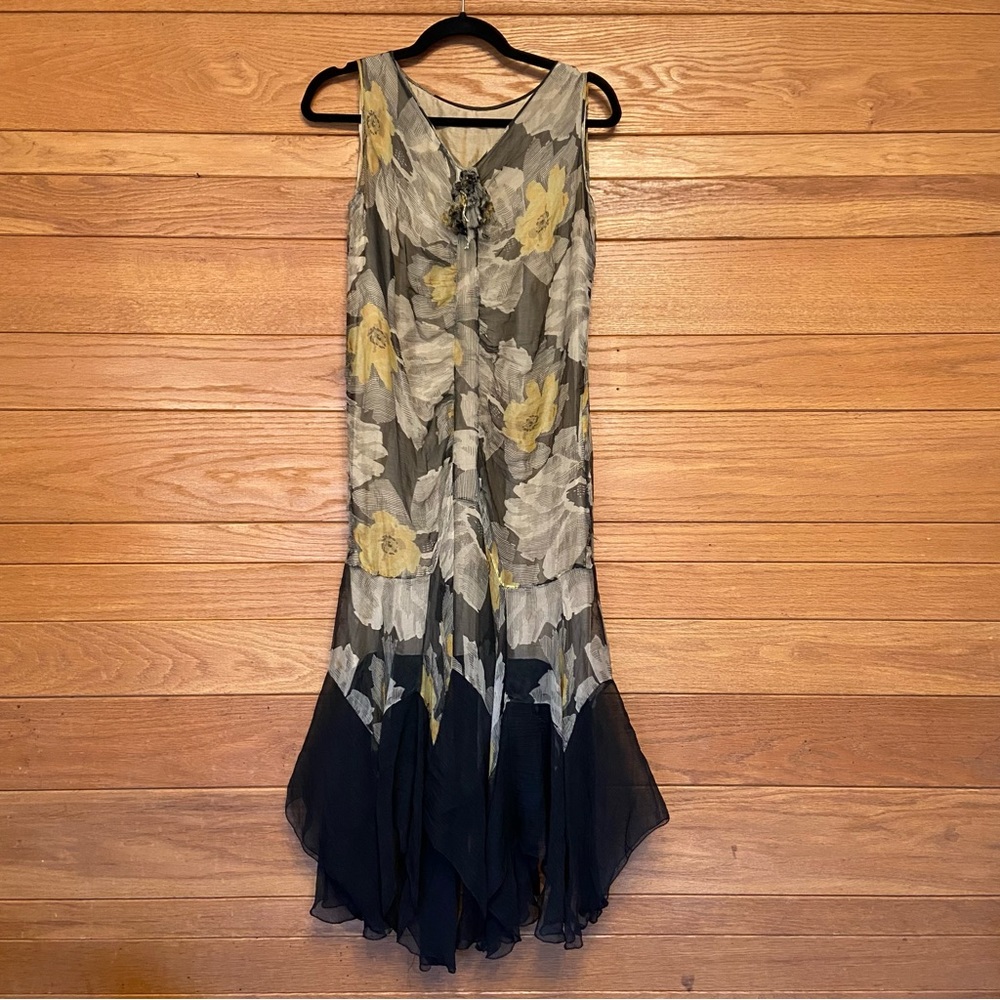 Antique 1920s gray and yellow chiffon floral flapper dress